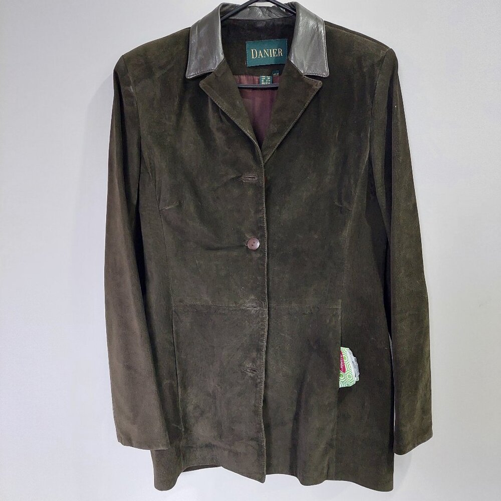 Danier Women's Size S(Long) Vintage Suede Leather Blazer Jacket, Dark Olive